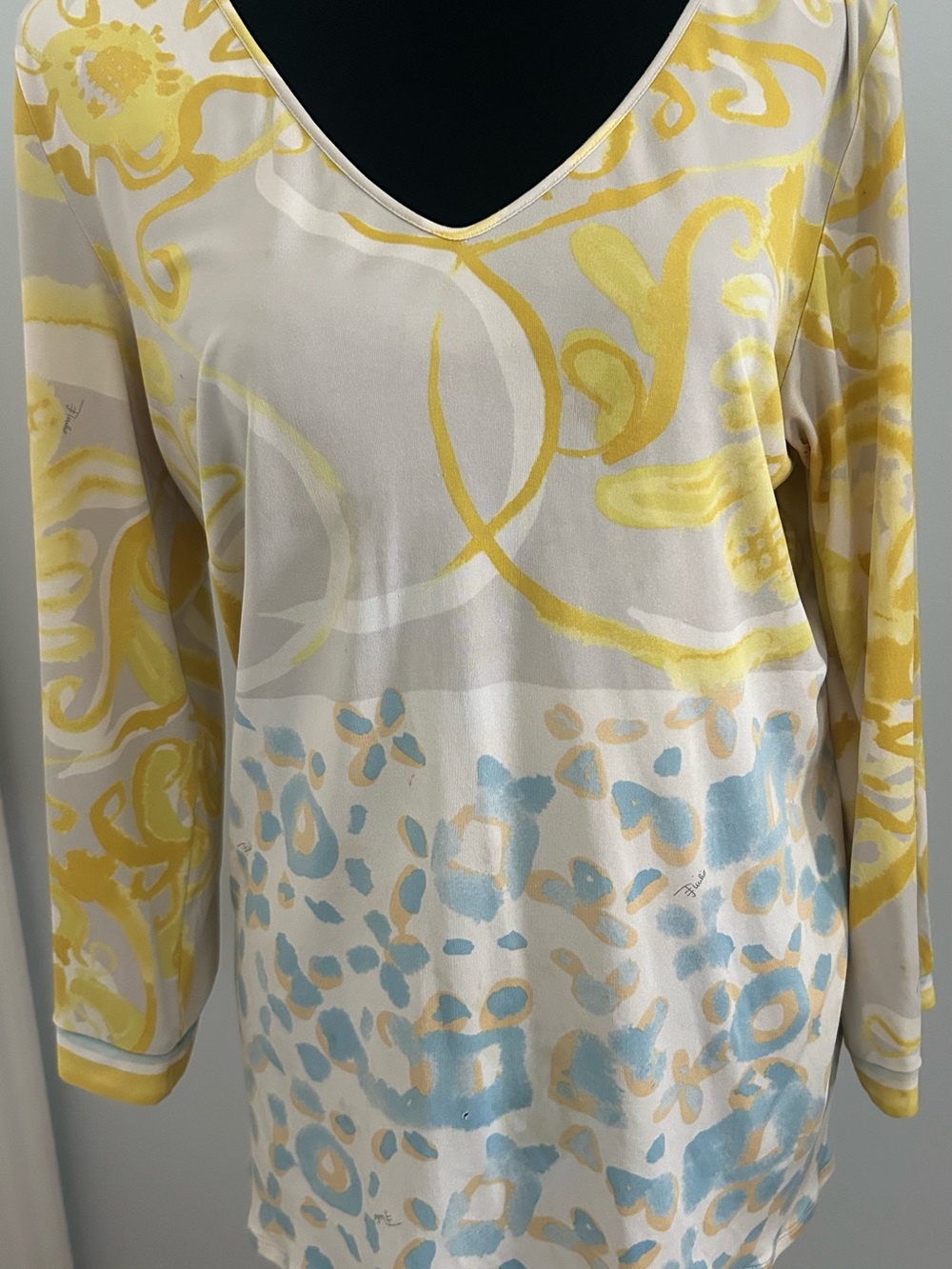 Emilio Pucci Yellow and Light Blue V-Neck Long Sleeve Print Top